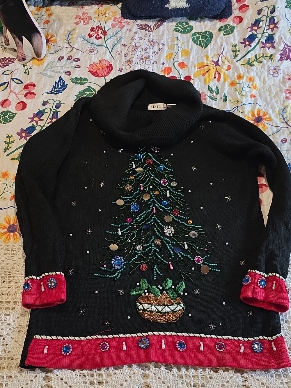 Vintage Embellished Black Christmas Tree Turtleneck Sweater - Women